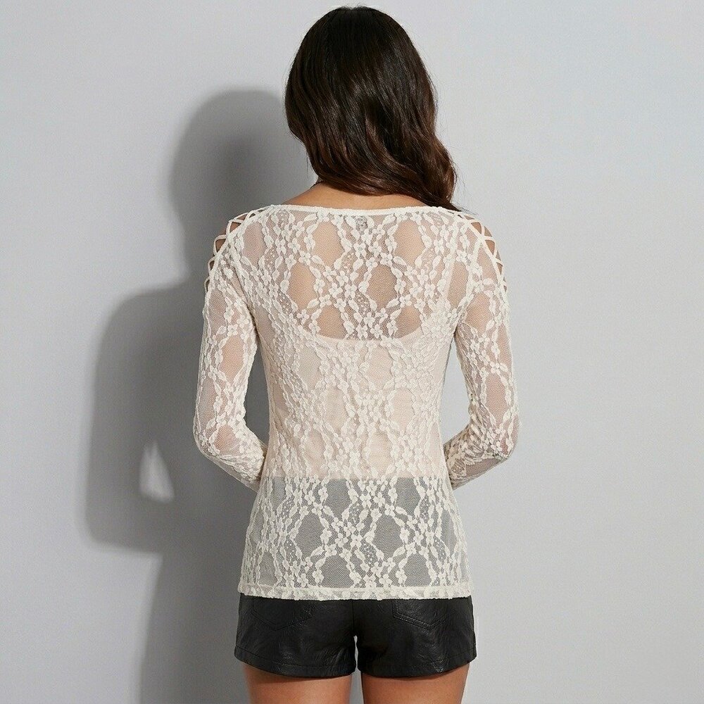 Free People White Sheer Lace Lace Up Shoulder Top XS | Balletcore Coquette Siren - Picture 8 of 11